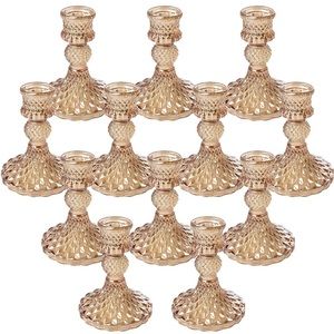 NEW, NEVER USED Gold Glass Candlestick Holders Set 12Pc 4" Taper Candle Holder